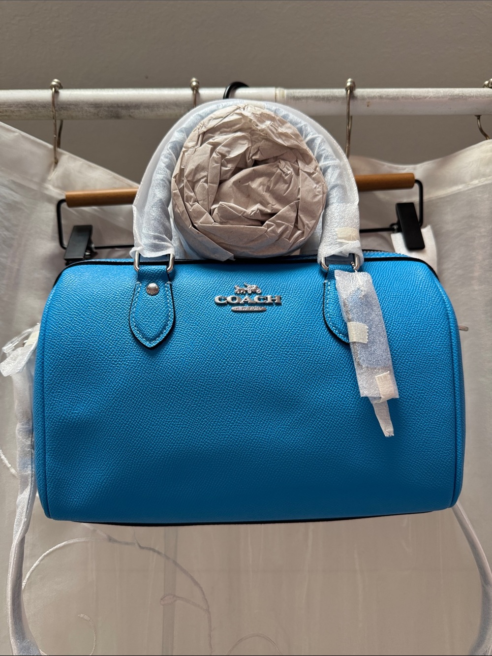Coach Bright Blue Leather Satchel with Silver Hardware & Shoulder Strap (CH282)